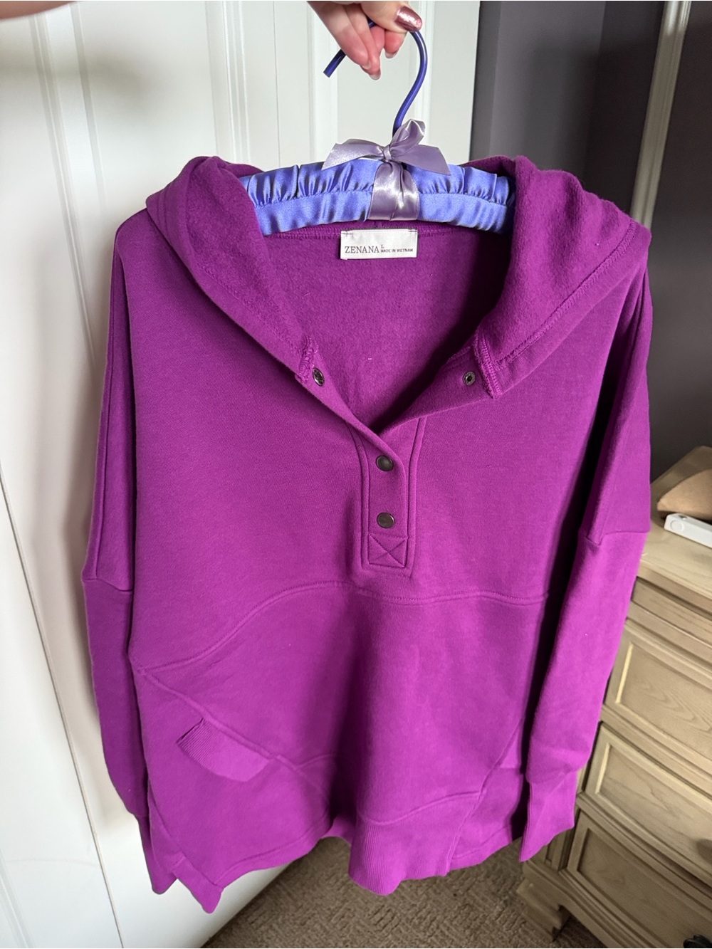 Zenana Outfitters Purple Snap-Placket Hooded Pullover
